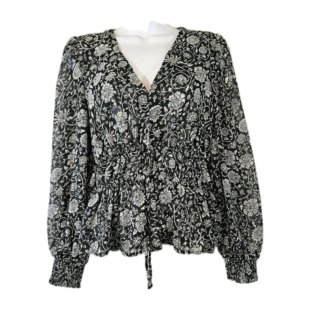 Old Navy Blouse Womens Medium Navy & White Floral Sheer V-neck Babydoll Long Slv